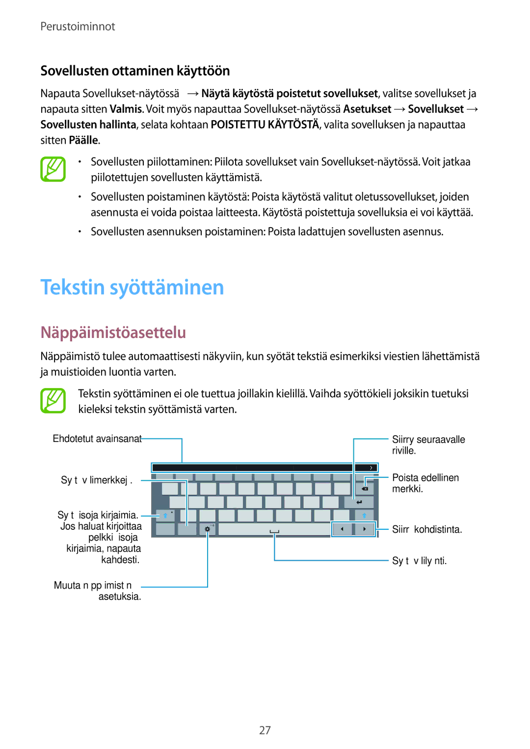 Samsung SM-T800NZWANEE, SM-T800NHAANEE manual Tekstin syöttäminen, Näppäimistöasettelu, Sovellusten ottaminen käyttöön 