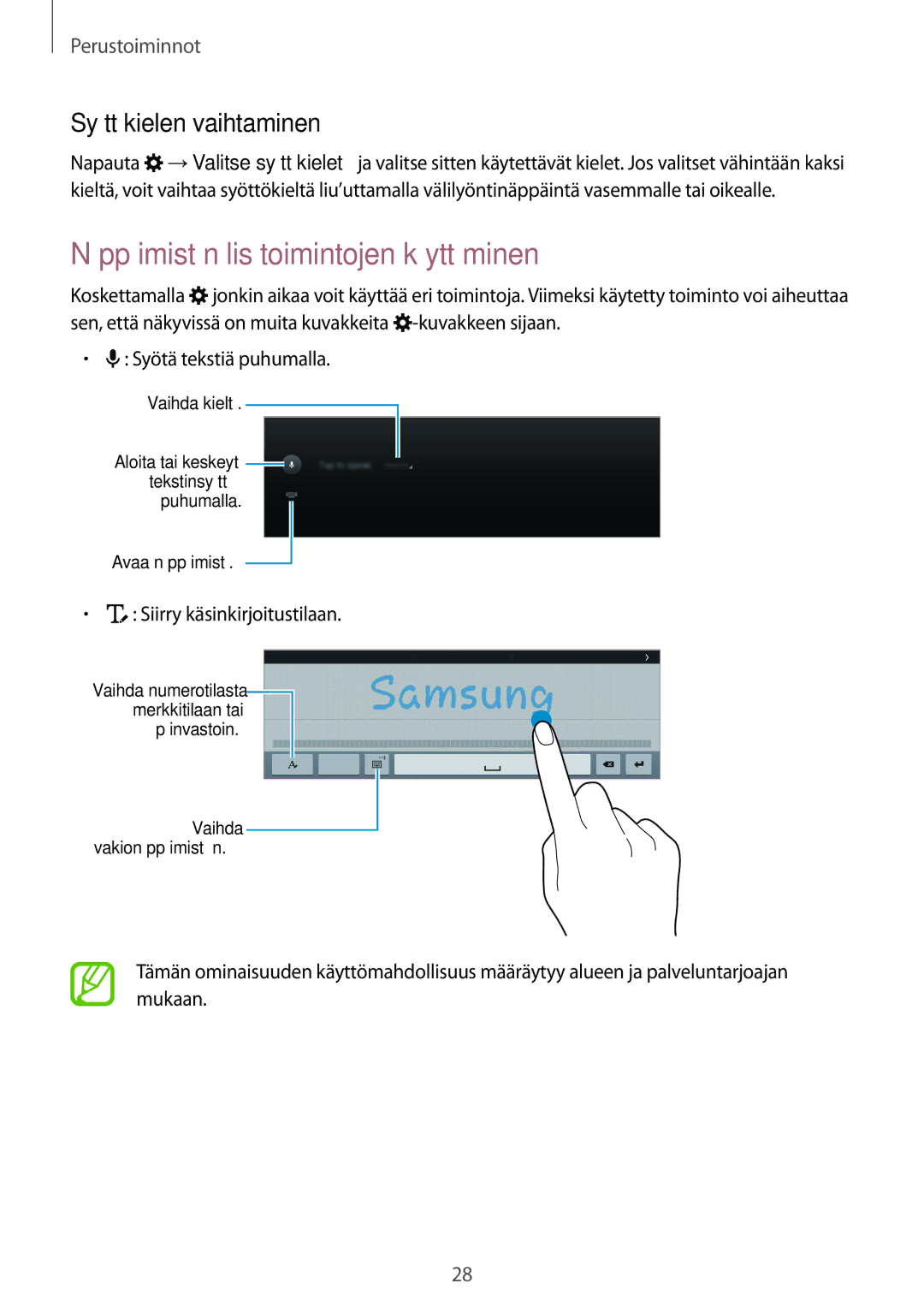 Samsung SM-T800NTSENEE Näppäimistön lisätoimintojen käyttäminen, Syöttökielen vaihtaminen, Siirry käsinkirjoitustilaan 