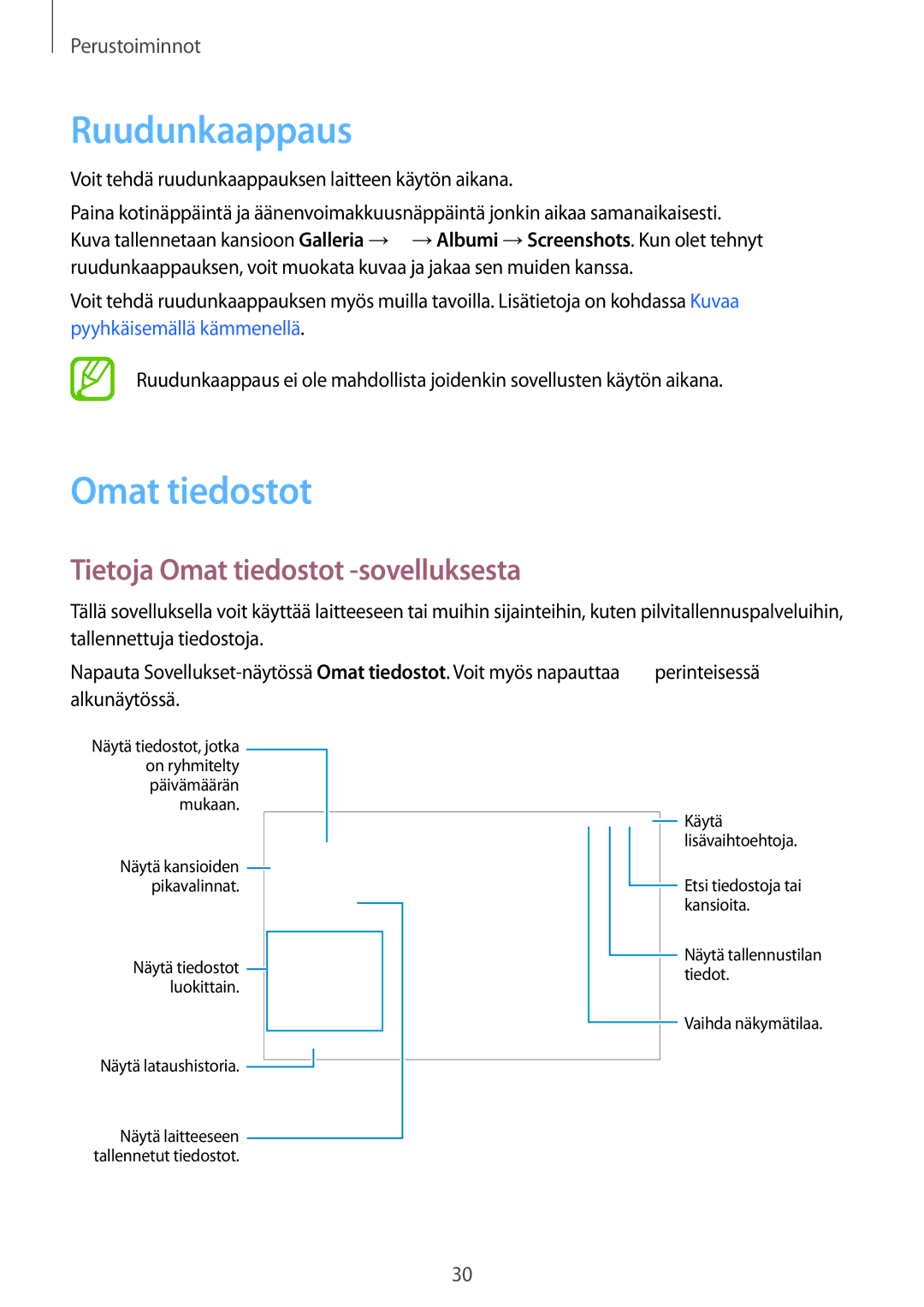 Samsung SM-T800NHAANEE, SM-T800NLSANEE, SM-T800NZWANEE manual Ruudunkaappaus, Tietoja Omat tiedostot -sovelluksesta 