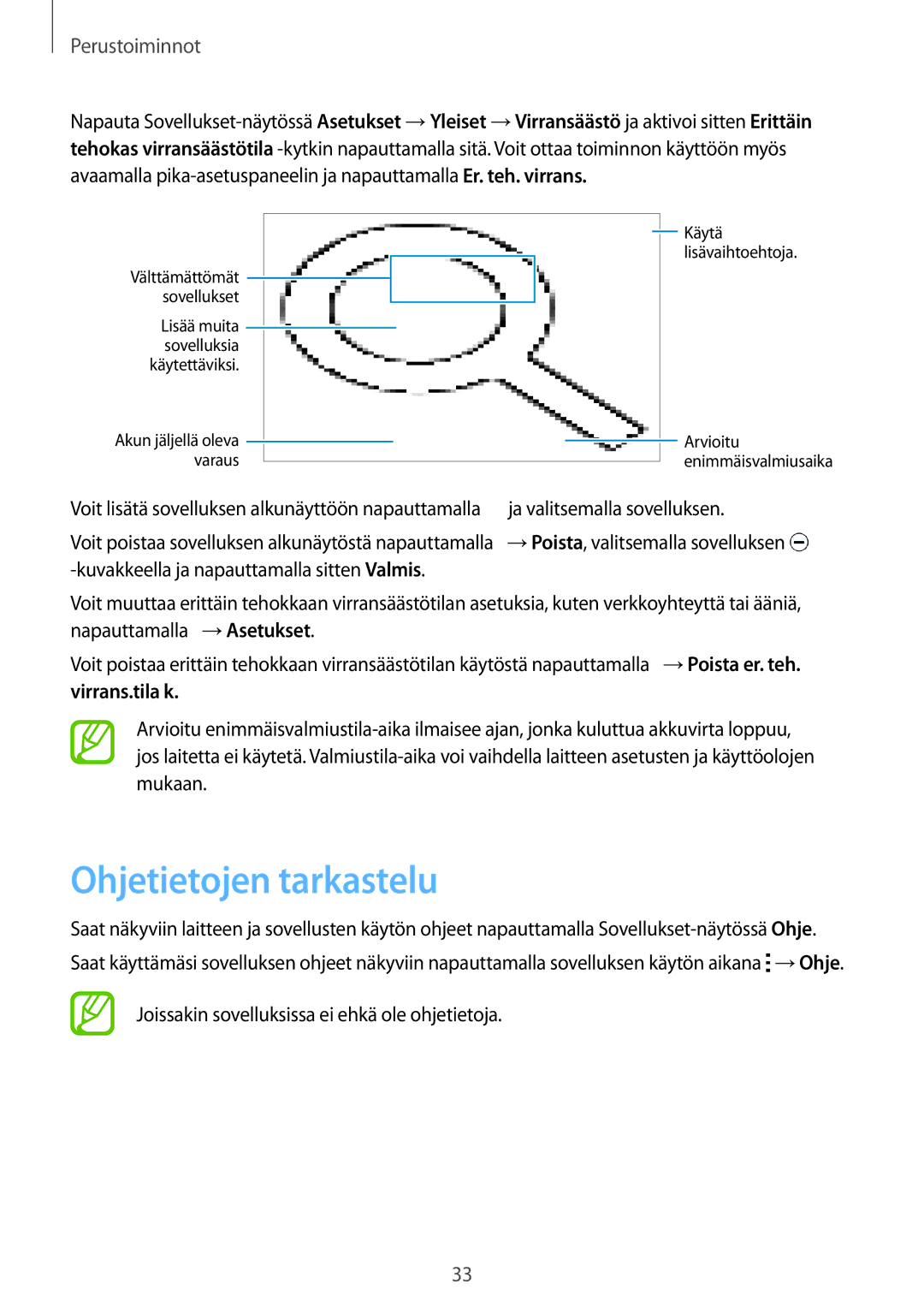 Samsung SM-T800NTSENEE manual Ohjetietojen tarkastelu, Virrans.tila k, Joissakin sovelluksissa ei ehkä ole ohjetietoja 