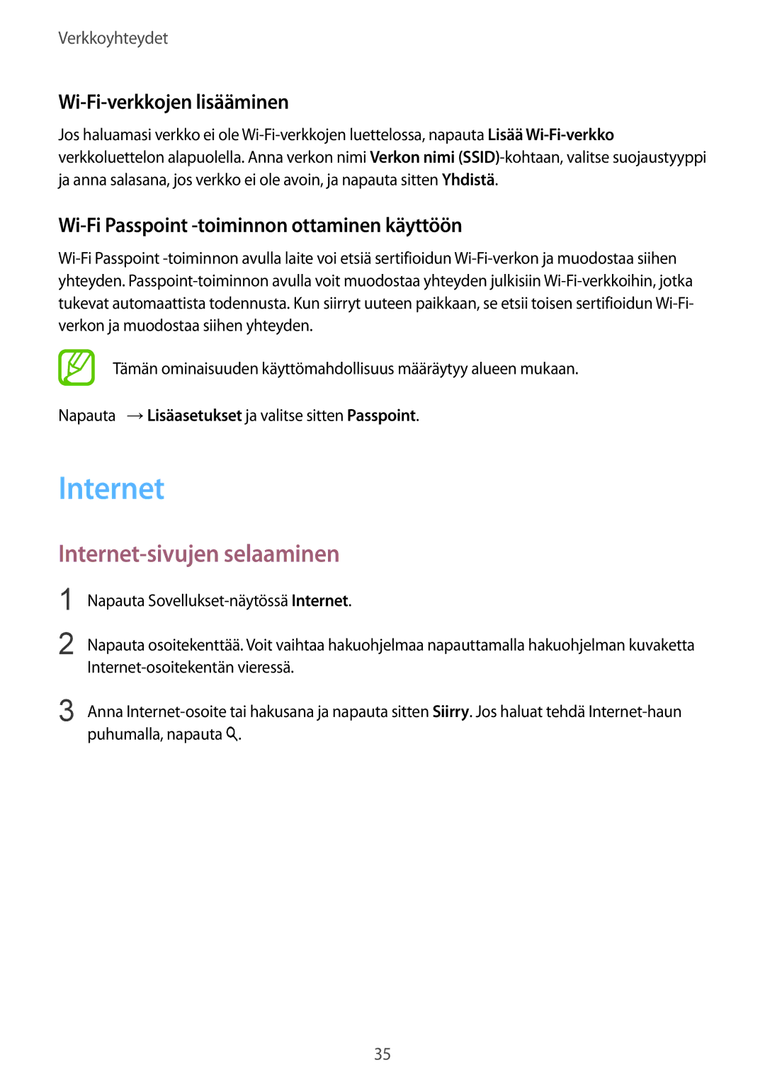 Samsung SM-T800NHAANEE, SM-T800NLSANEE, SM-T800NZWANEE manual Internet-sivujen selaaminen, Wi-Fi-verkkojen lisääminen 