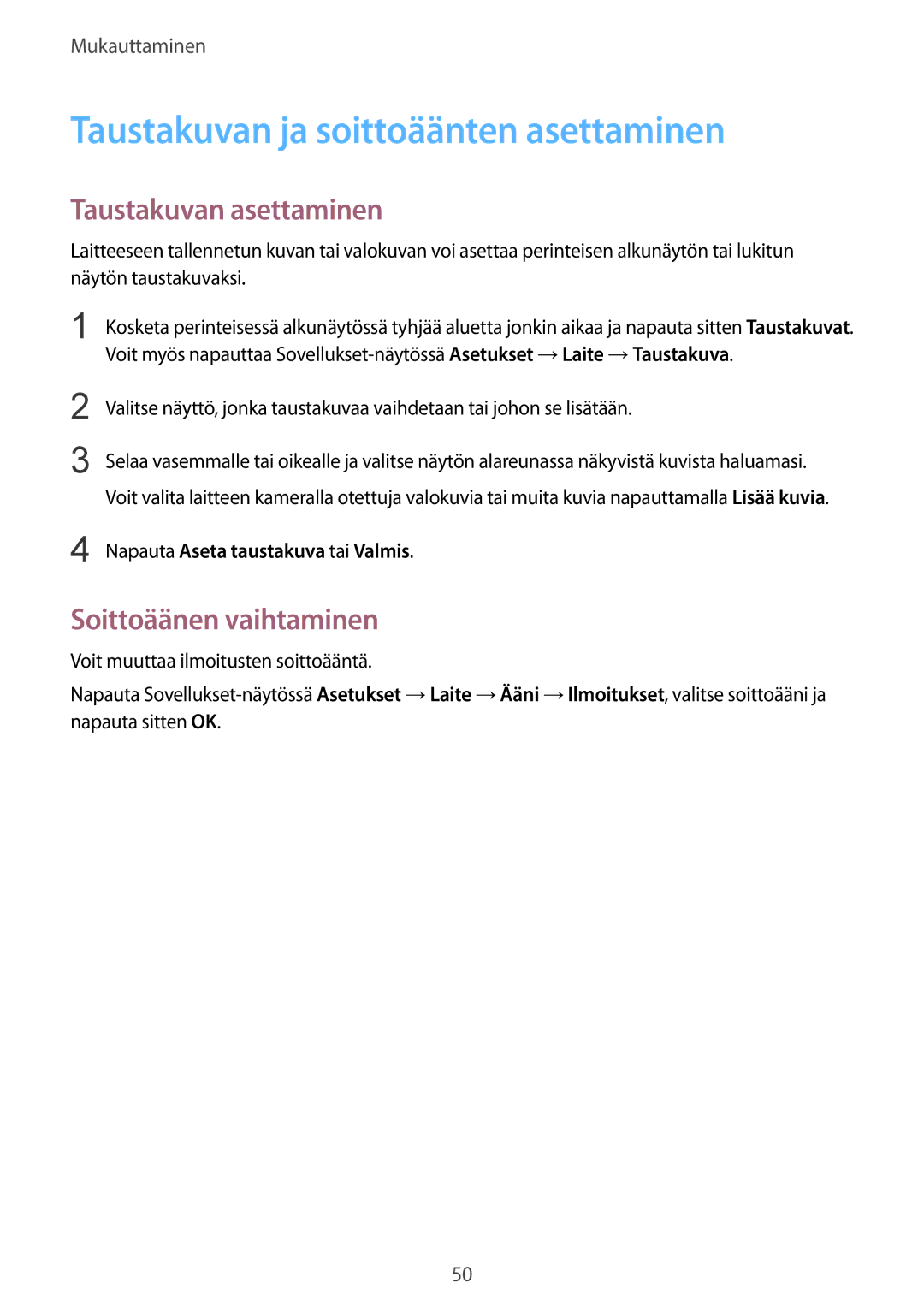 Samsung SM-T800NHAANEE manual Taustakuvan ja soittoäänten asettaminen, Taustakuvan asettaminen, Soittoäänen vaihtaminen 