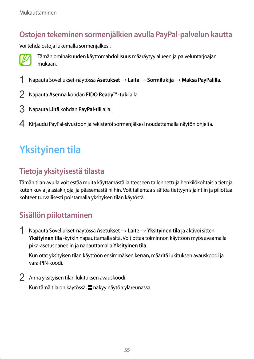 Samsung SM-T800NHAANEE, SM-T800NLSANEE manual Yksityinen tila, Tietoja yksityisestä tilasta, Sisällön piilottaminen 