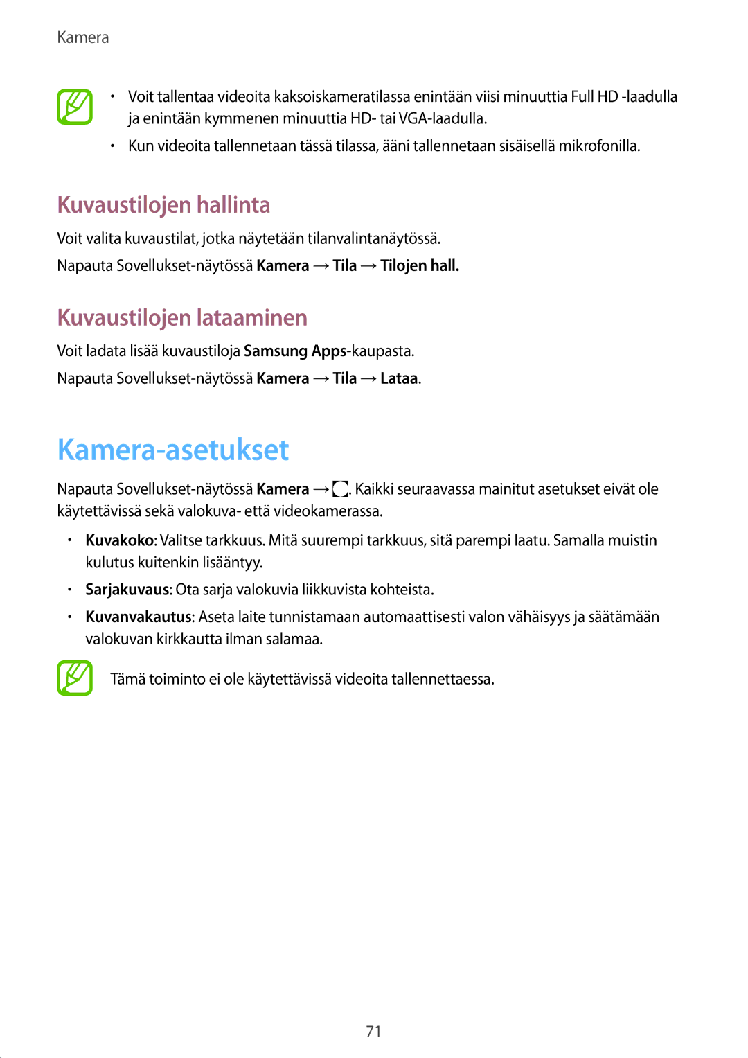 Samsung SM-T800NLSANEE, SM-T800NHAANEE, SM-T800NZWANEE Kamera-asetukset, Kuvaustilojen hallinta, Kuvaustilojen lataaminen 