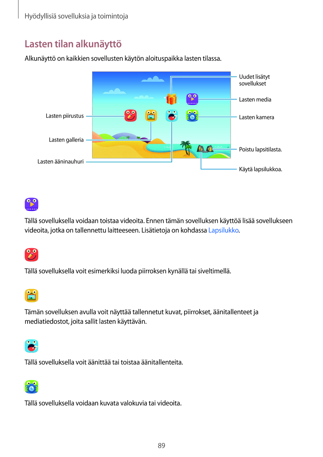 Samsung SM-T800NTSANEE, SM-T800NHAANEE, SM-T800NLSANEE, SM-T800NZWANEE, SM-T800NTSENEE manual Lasten tilan alkunäyttö 