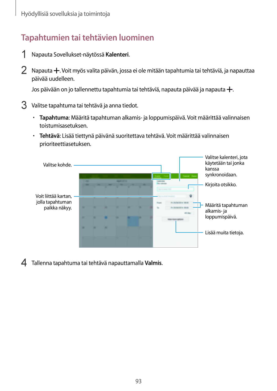 Samsung SM-T800NTSENEE manual Tapahtumien tai tehtävien luominen, Tallenna tapahtuma tai tehtävä napauttamalla Valmis 