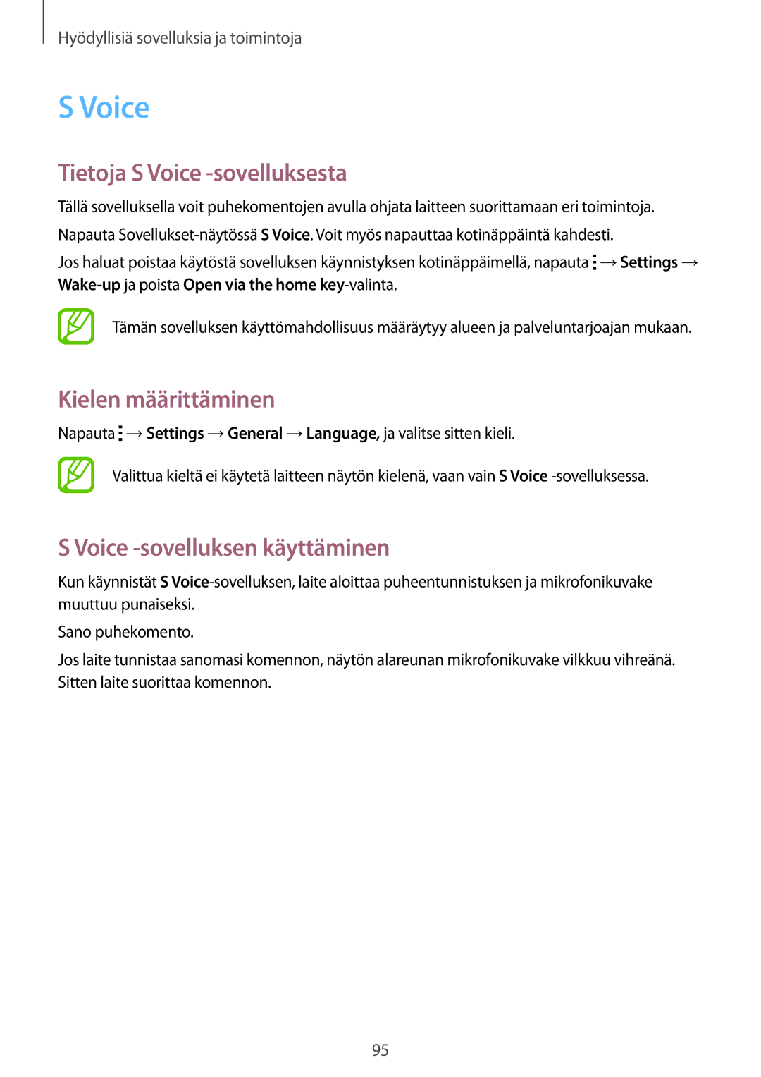 Samsung SM-T800NHAANEE manual Tietoja S Voice -sovelluksesta, Kielen määrittäminen, Voice -sovelluksen käyttäminen 