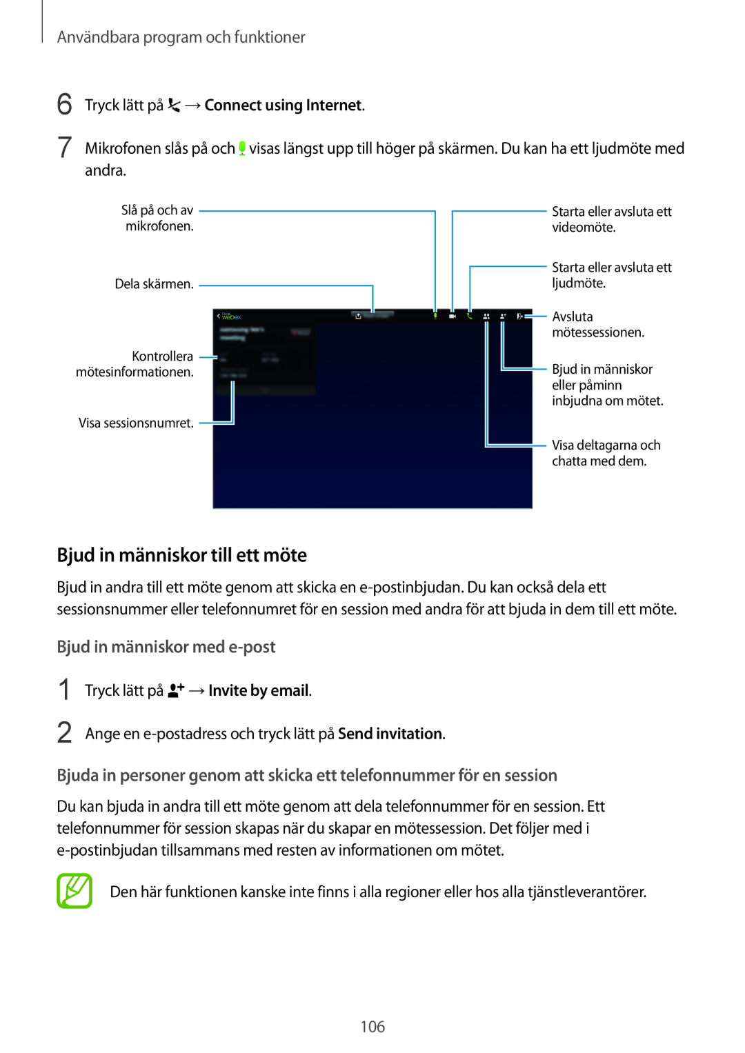 Samsung SM-T800NLSANEE, SM-T800NHAANEE manual Bjud in människor till ett möte, Tryck lätt på →Connect using Internet 