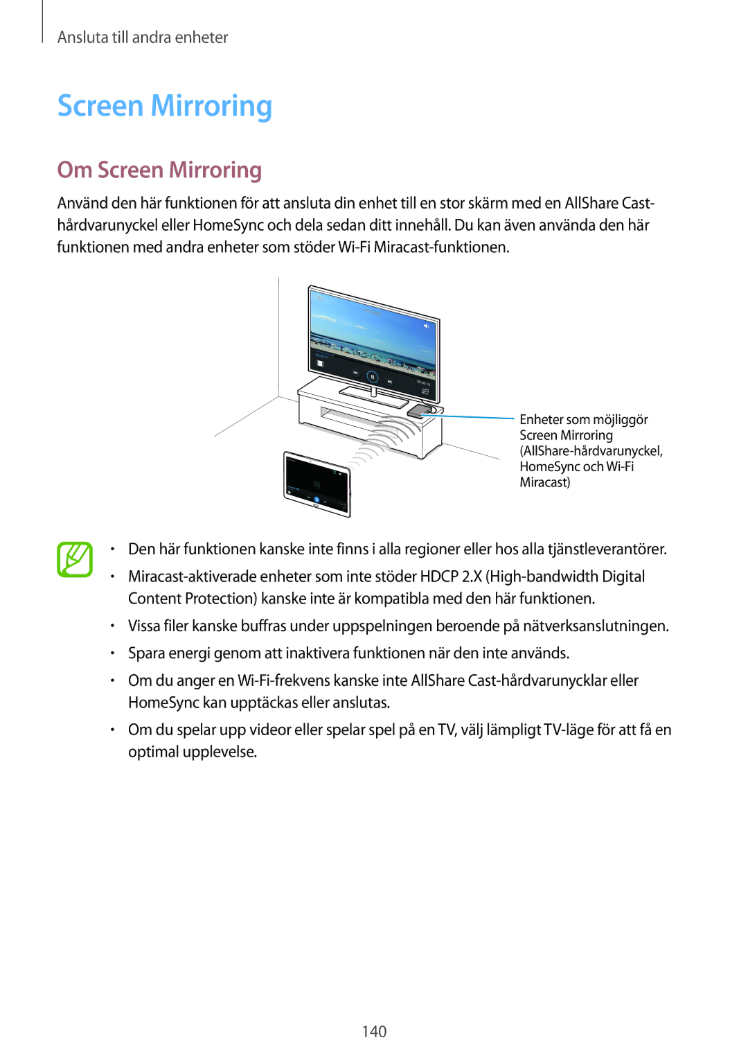 Samsung SM-T800NHAANEE, SM-T800NLSANEE, SM-T800NZWANEE, SM-T800NTSENEE, SM-T800NTSANEE manual Om Screen Mirroring 