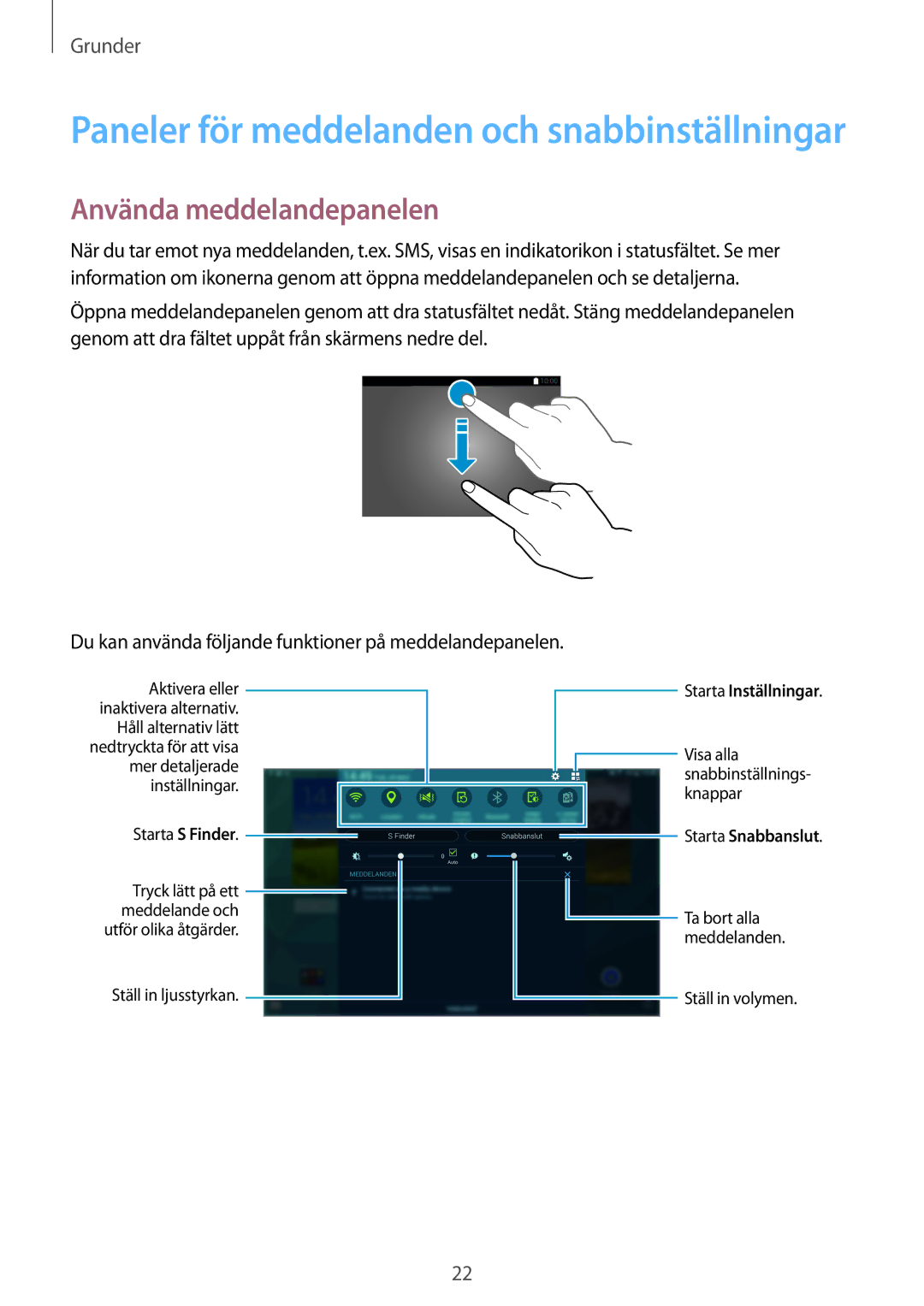 Samsung SM-T800NZWANEE, SM-T800NHAANEE manual Paneler för meddelanden och snabbinställningar, Använda meddelandepanelen 