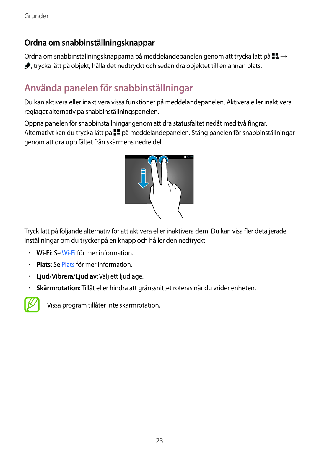 Samsung SM-T800NTSENEE, SM-T800NHAANEE manual Använda panelen för snabbinställningar, Ordna om snabbinställningsknappar 