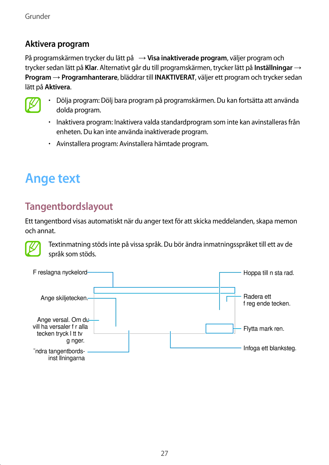 Samsung SM-T800NZWANEE, SM-T800NHAANEE, SM-T800NLSANEE, SM-T800NTSENEE manual Ange text, Tangentbordslayout, Aktivera program 