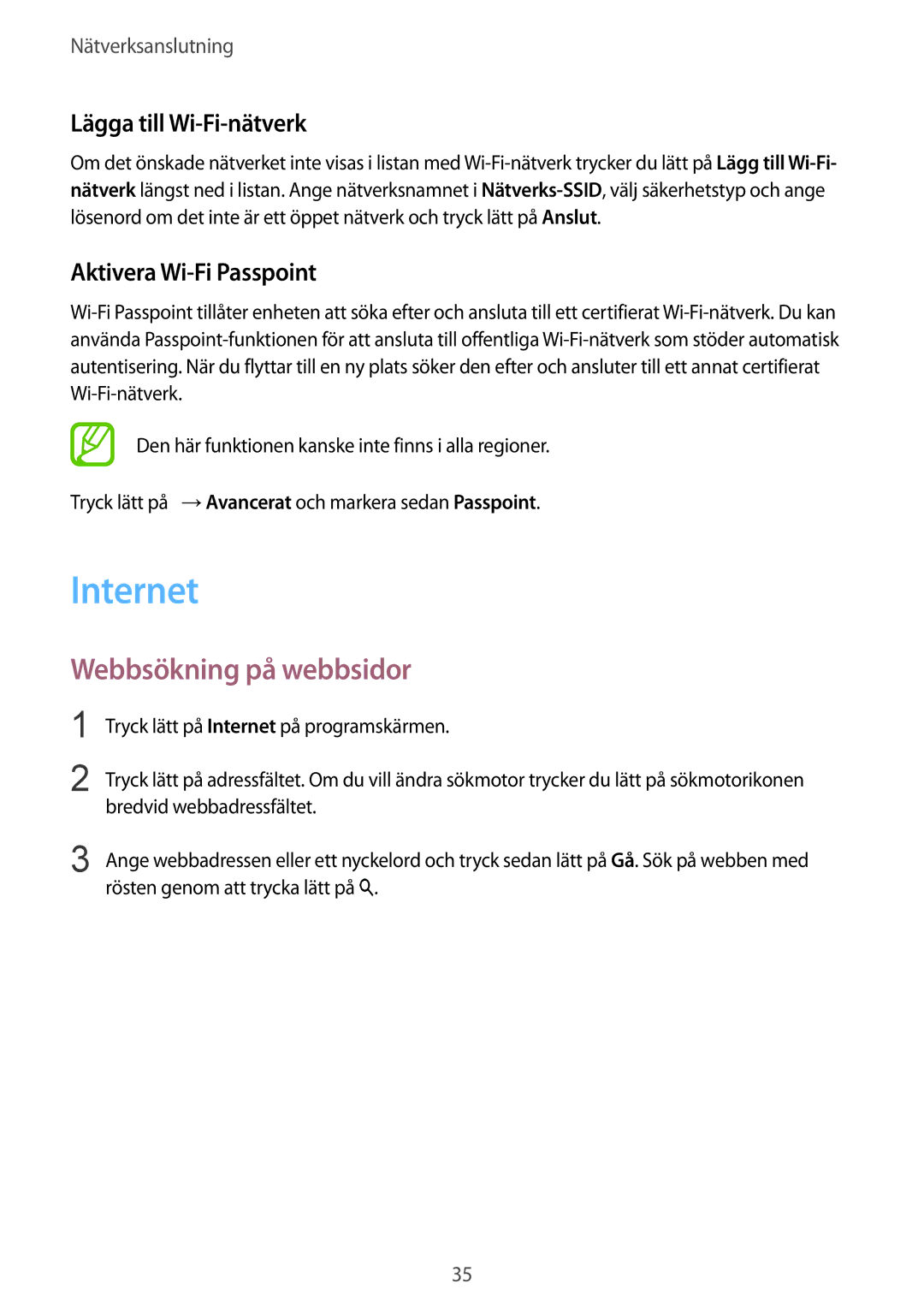 Samsung SM-T800NHAANEE manual Internet, Webbsökning på webbsidor, Lägga till Wi-Fi-nätverk, Aktivera Wi-Fi Passpoint 