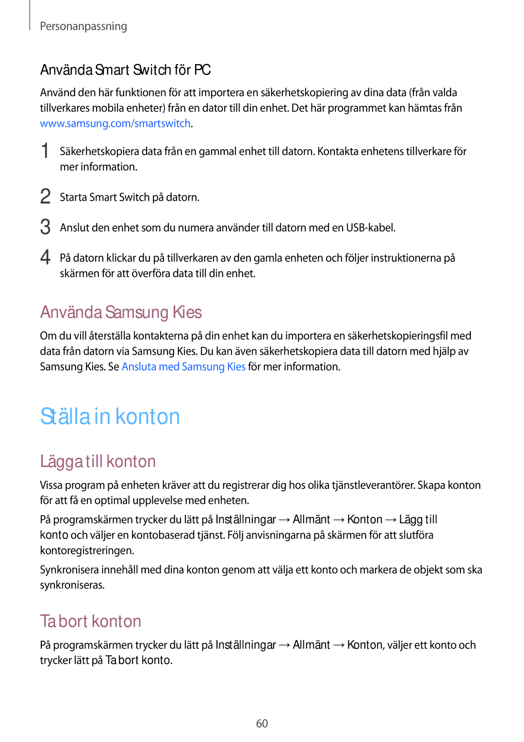 Samsung SM-T800NHAANEE, SM-T800NLSANEE manual Ställa in konton, Använda Samsung Kies, Lägga till konton, Ta bort konton 