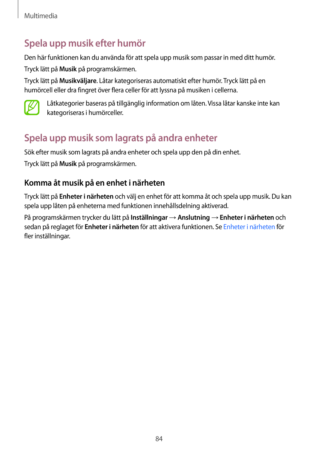 Samsung SM-T800NTSANEE, SM-T800NHAANEE manual Spela upp musik efter humör, Spela upp musik som lagrats på andra enheter 