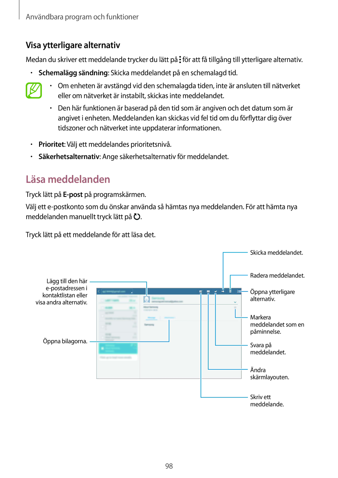 Samsung SM-T800NTSENEE, SM-T800NHAANEE, SM-T800NLSANEE, SM-T800NZWANEE manual Läsa meddelanden, Visa ytterligare alternativ 