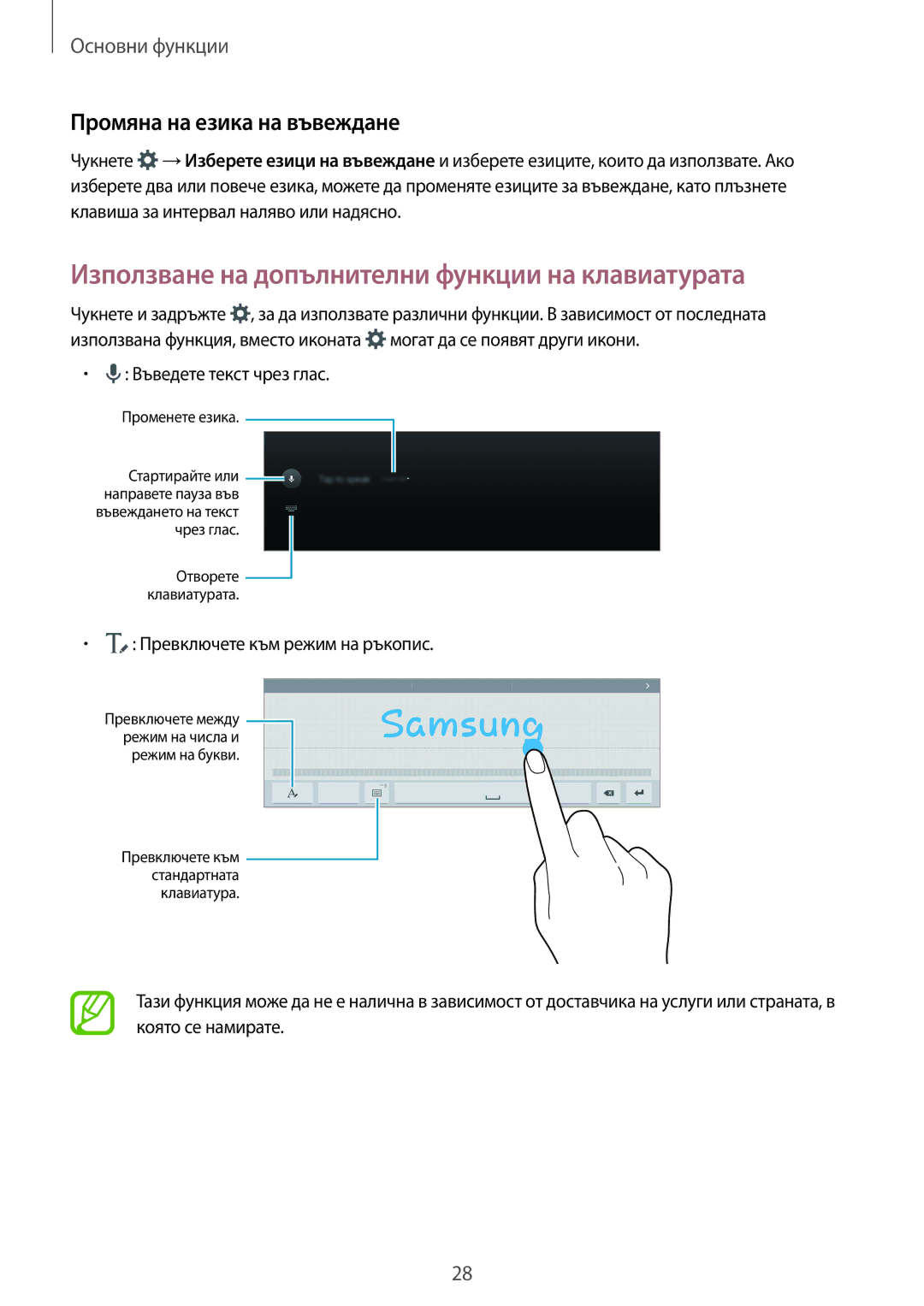 Samsung SM-T800NTSABGL, SM-T800NZWABGL Използване на допълнителни функции на клавиатурата, Промяна на езика на въвеждане 