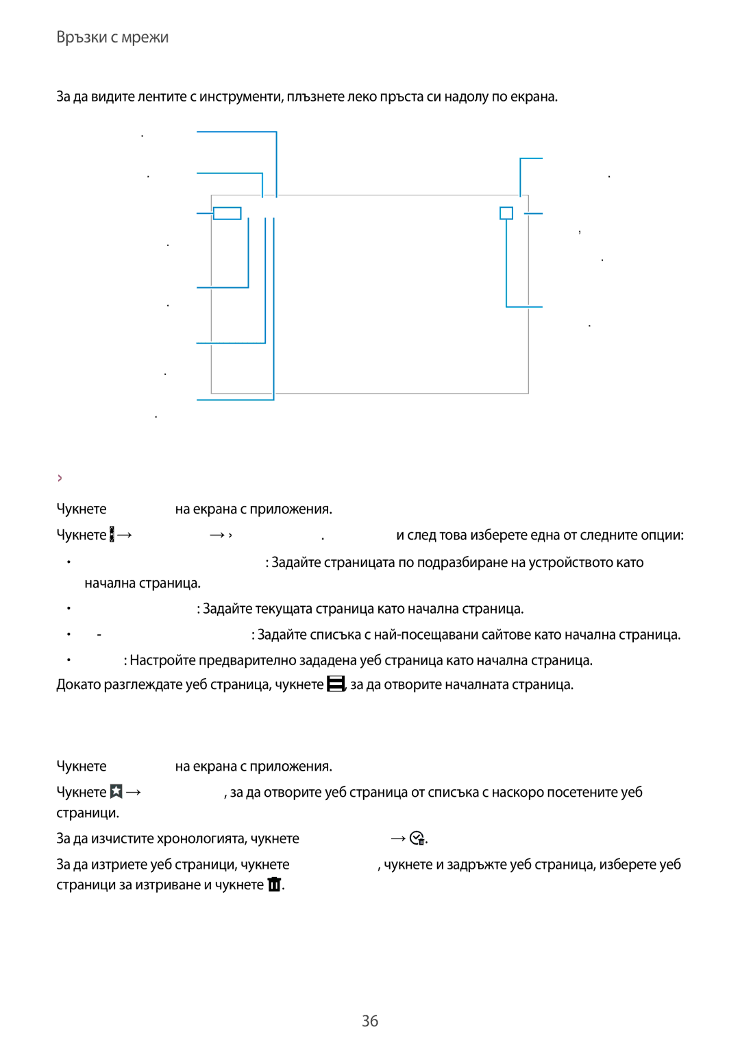 Samsung SM-T800NTSABGL, SM-T800NZWABGL manual Задаване на началната страница, Управление на хронологията на уеб страниците 