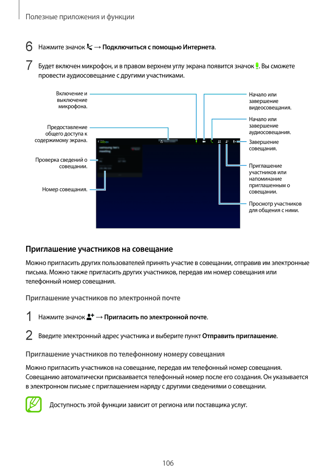 Samsung SM-T800NHAASEB manual Приглашение участников на совещание, Нажмите значок →Подключиться с помощью Интернета 