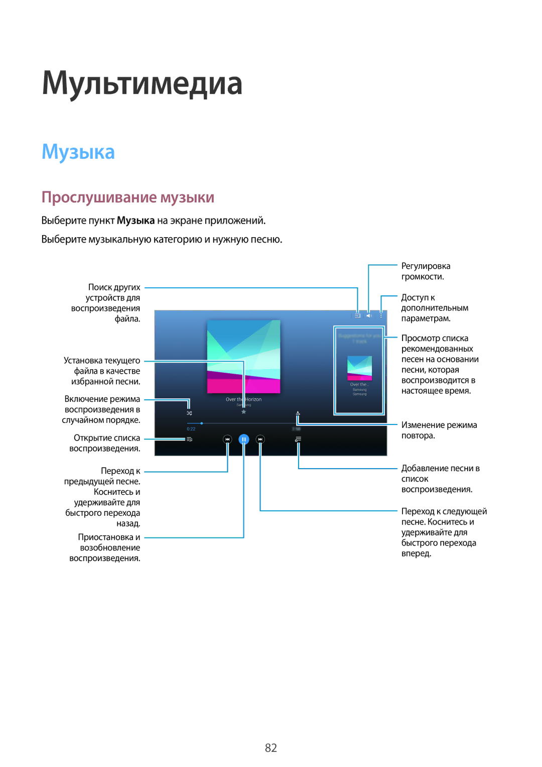 Samsung SM-T800NHAASEB, SM-T800NTSASEB, SM-T800NZWASEB, SM-T800NZWASER, SM-T800NZWYSER manual Музыка, Прослушивание музыки 