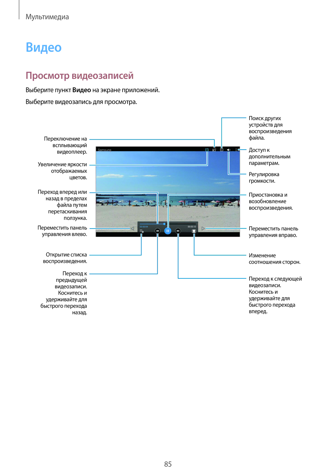 Samsung SM-T800NTSYSER, SM-T800NTSASEB, SM-T800NZWASEB, SM-T800NHAASEB, SM-T800NZWASER manual Видео, Просмотр видеозаписей 