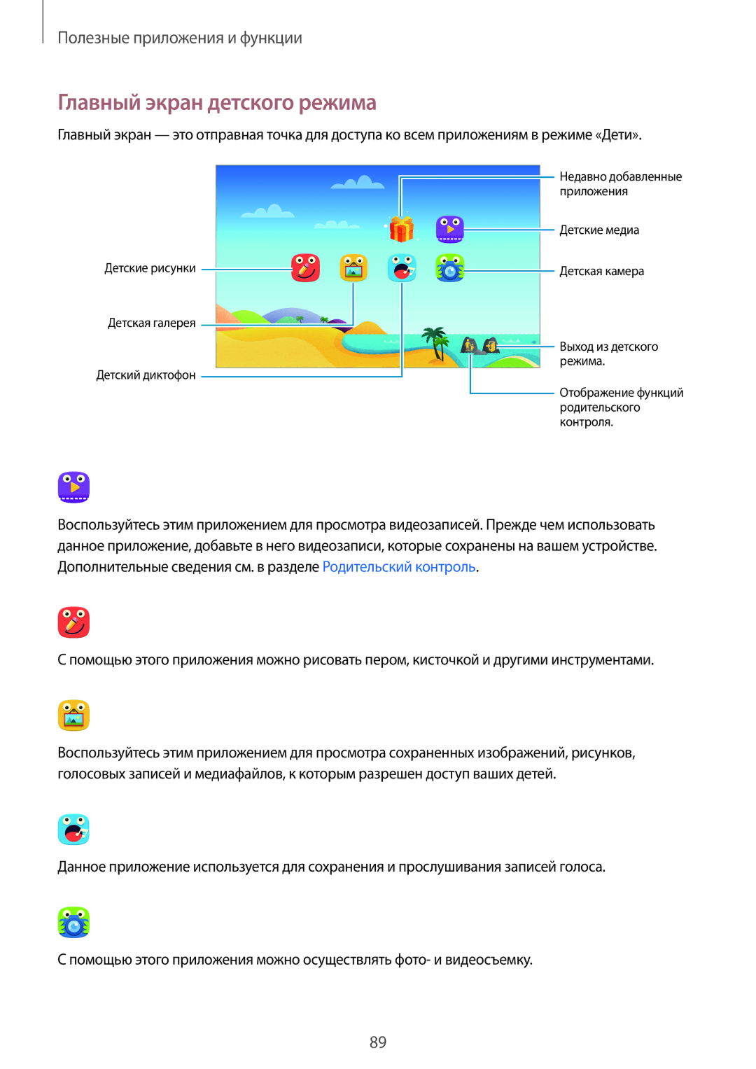 Samsung SM-T800NZWASEB, SM-T800NTSASEB, SM-T800NHAASEB, SM-T800NZWASER, SM-T800NZWYSER manual Главный экран детского режима 