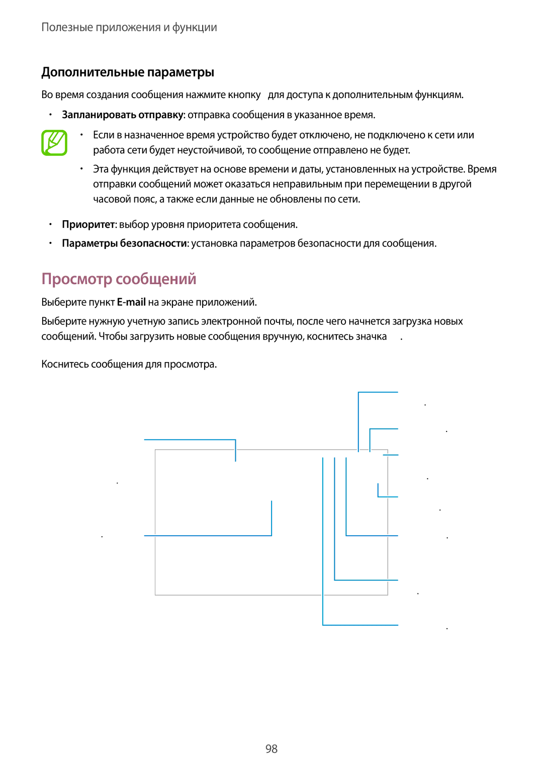 Samsung SM-T800NHAASEB manual Просмотр сообщений, Дополнительные параметры, Выберите пункт E-mailна экране приложений 