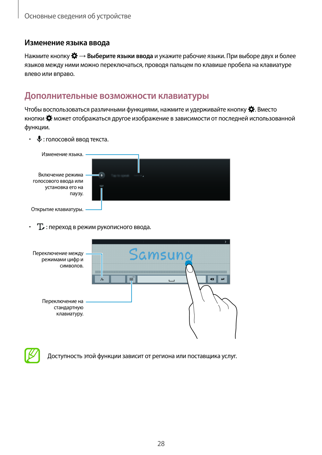 Samsung SM-T800NZWYSER manual Дополнительные возможности клавиатуры, Изменение языка ввода, Основные сведения об устройстве 