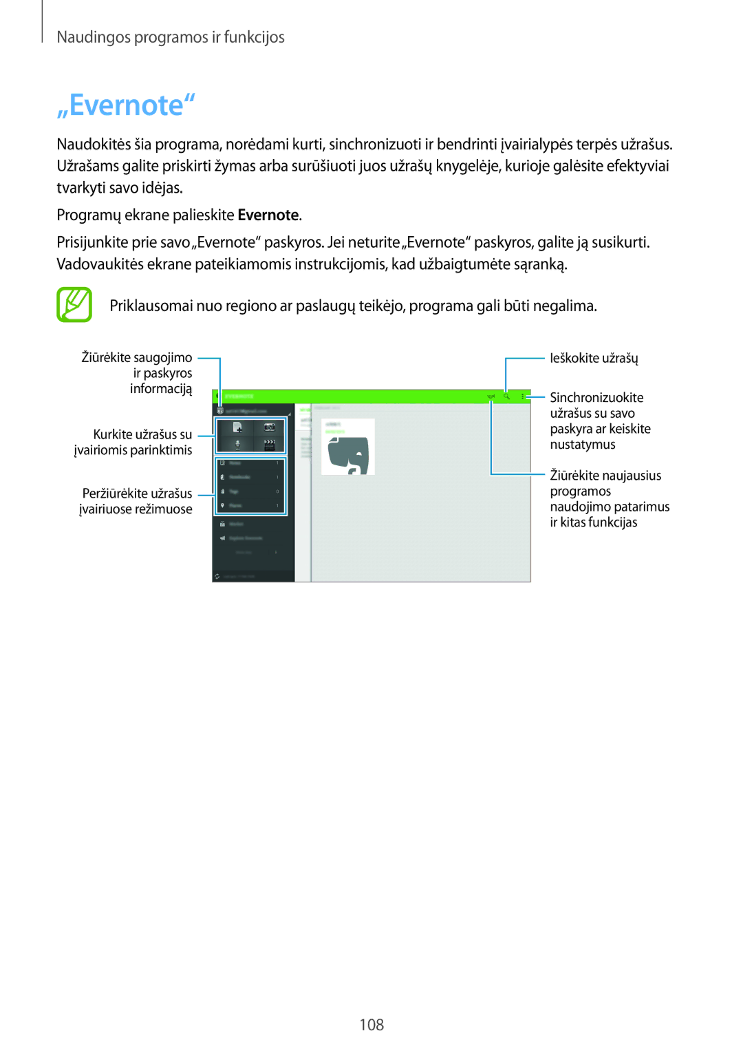 Samsung SM-T800NTSASEB, SM-T800NZWASEB, SM-T800NHAASEB manual „Evernote, Ieškokite užrašų 