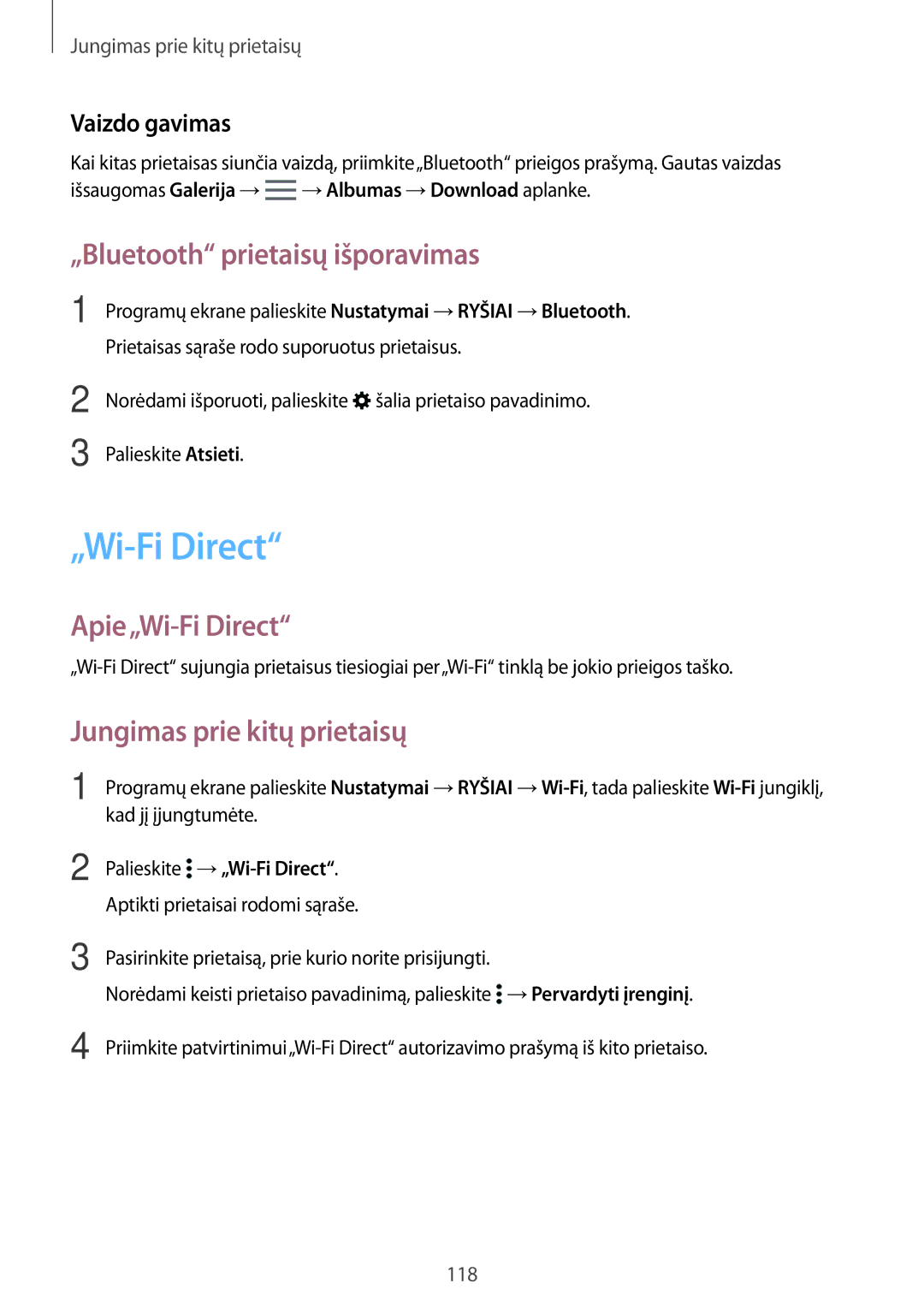 Samsung SM-T800NZWASEB manual „Bluetooth prietaisų išporavimas, Apie„Wi-Fi Direct, Jungimas prie kitų prietaisų 