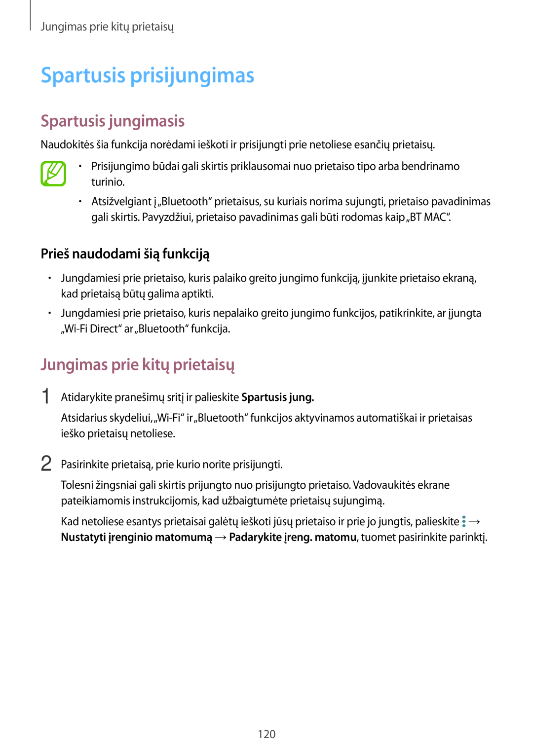 Samsung SM-T800NTSASEB, SM-T800NZWASEB manual Spartusis prisijungimas, Spartusis jungimasis, Prieš naudodami šią funkciją 