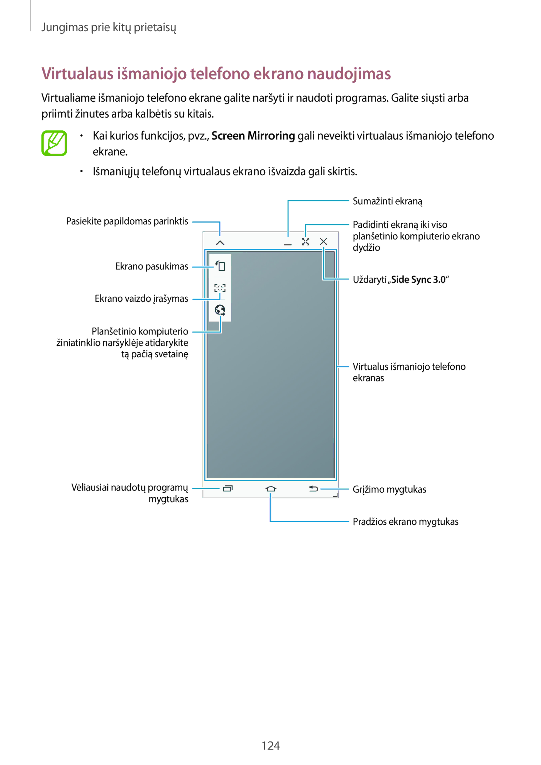 Samsung SM-T800NZWASEB, SM-T800NTSASEB, SM-T800NHAASEB Virtualaus išmaniojo telefono ekrano naudojimas, Uždaryti„Side Sync 