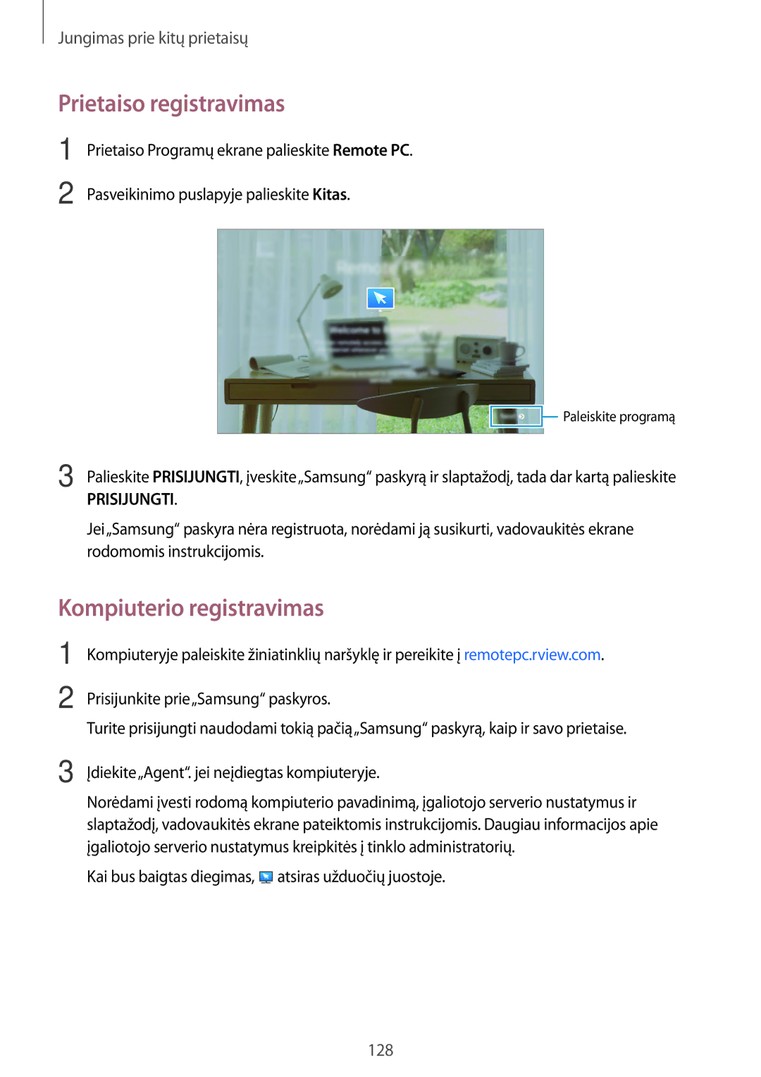 Samsung SM-T800NHAASEB, SM-T800NTSASEB, SM-T800NZWASEB manual Prietaiso registravimas, Kompiuterio registravimas 