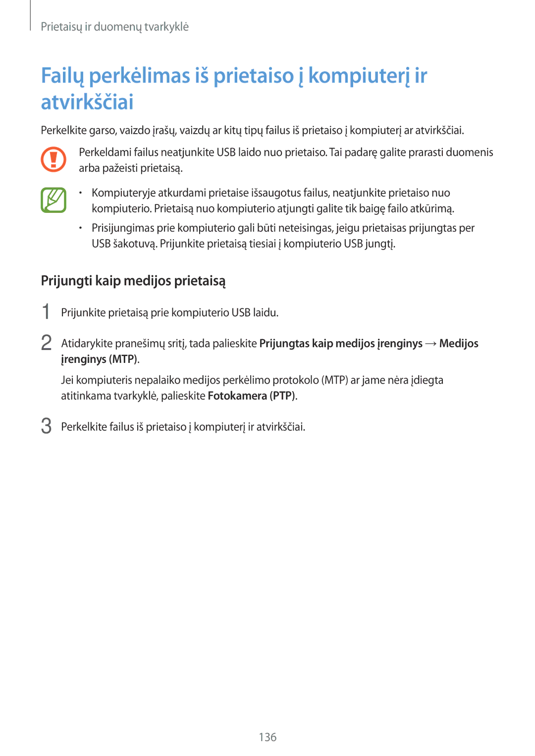 Samsung SM-T800NZWASEB manual Failų perkėlimas iš prietaiso į kompiuterį ir atvirkščiai, Prijungti kaip medijos prietaisą 