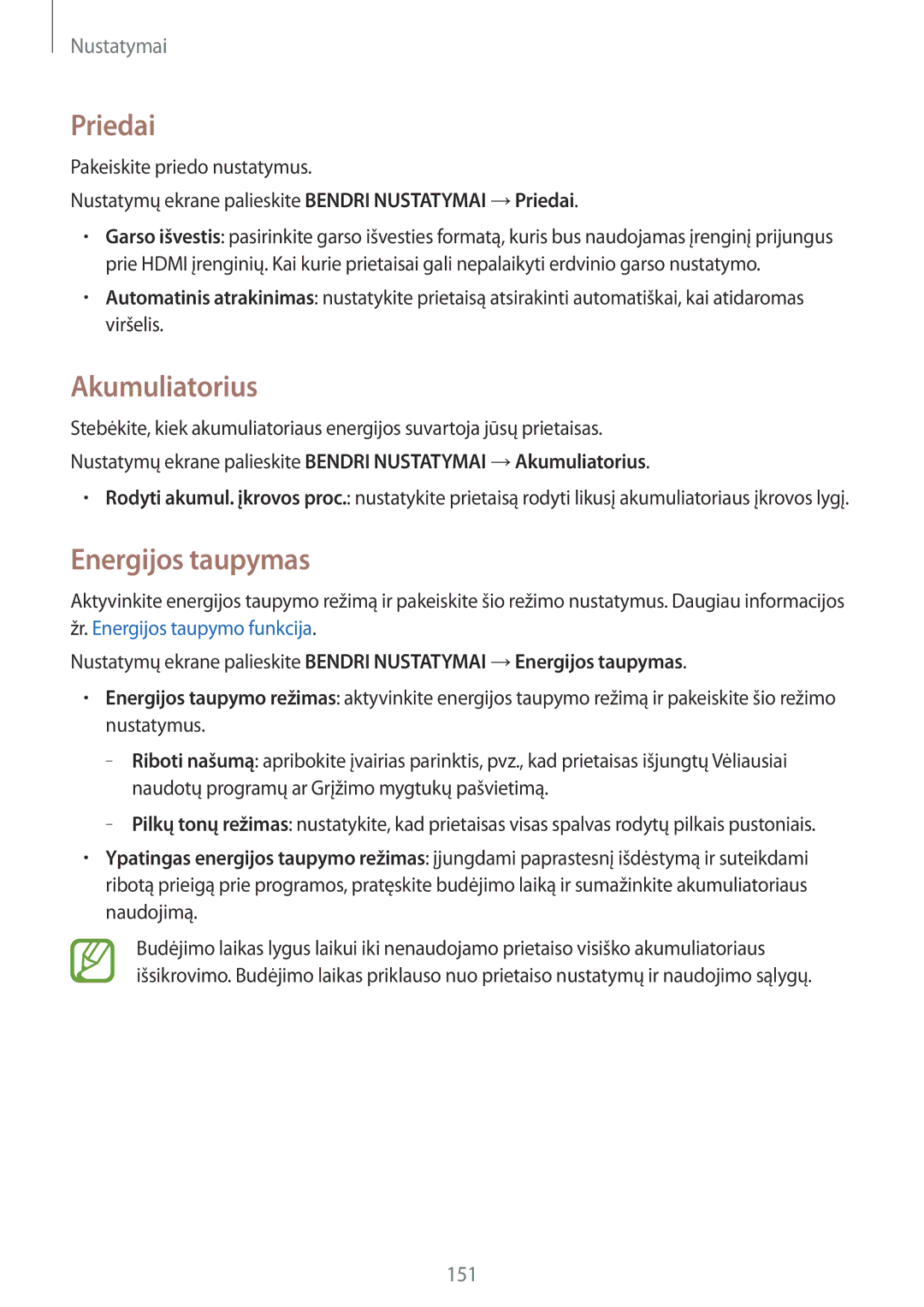 Samsung SM-T800NZWASEB, SM-T800NTSASEB, SM-T800NHAASEB manual Priedai, Akumuliatorius, Energijos taupymas 