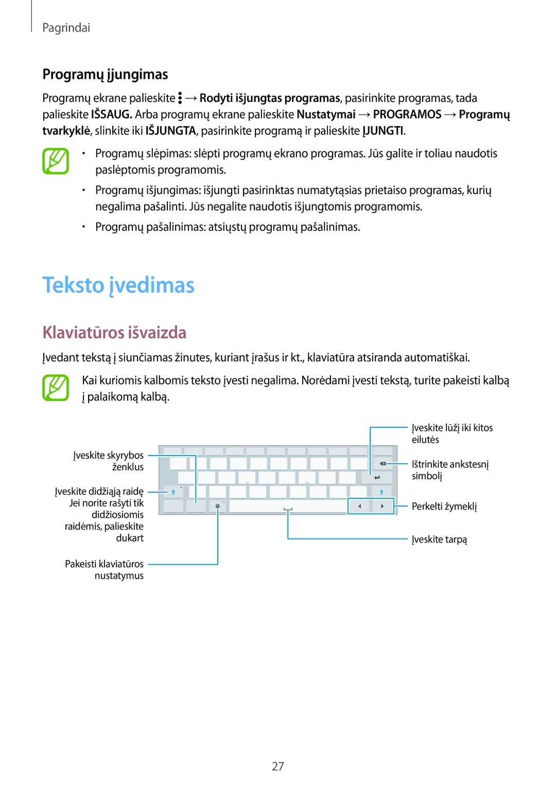 Samsung SM-T800NTSASEB, SM-T800NZWASEB, SM-T800NHAASEB manual Teksto įvedimas, Klaviatūros išvaizda, Programų įjungimas 