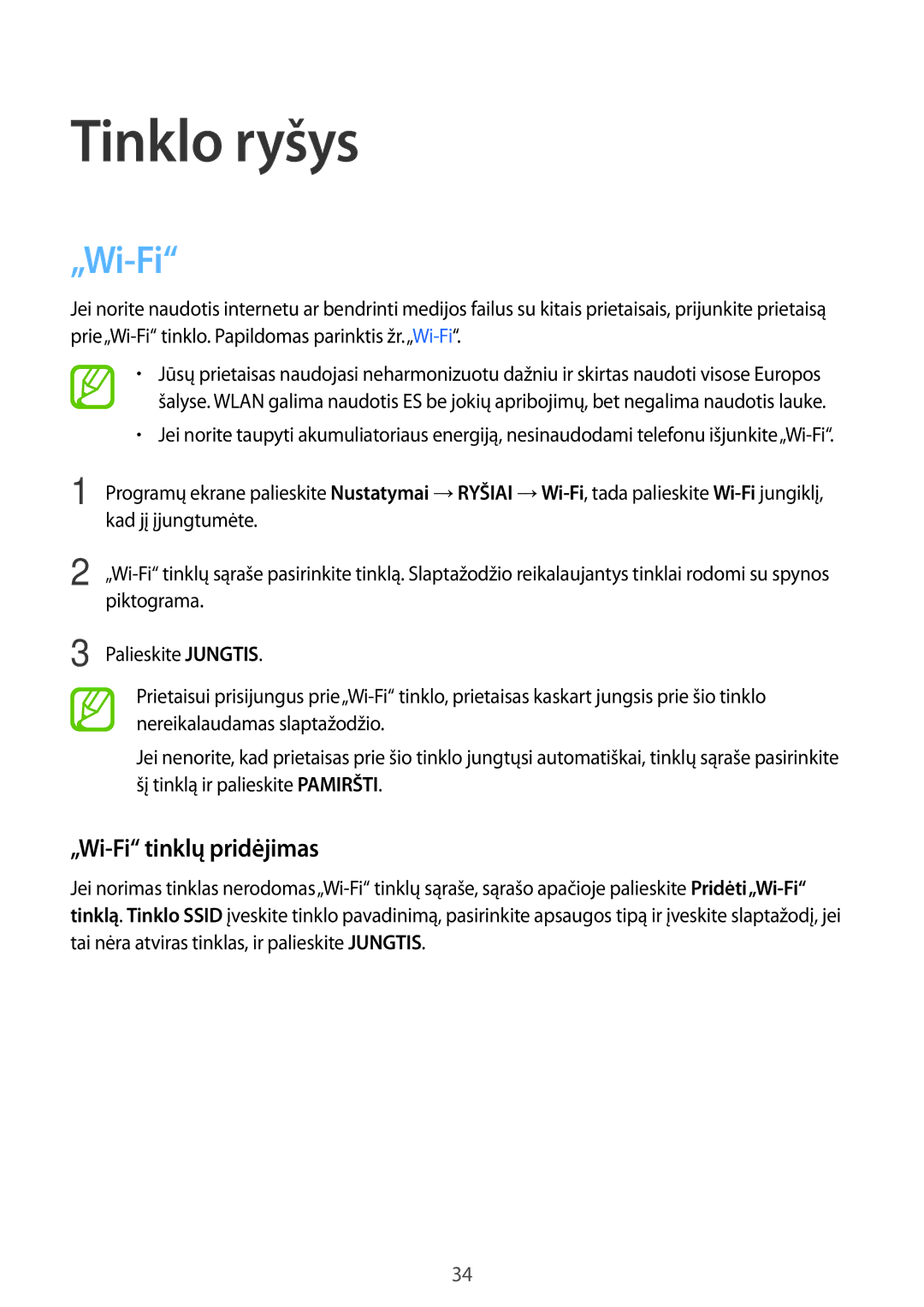 Samsung SM-T800NZWASEB, SM-T800NTSASEB, SM-T800NHAASEB manual Tinklo ryšys, „Wi-Fi tinklų pridėjimas 