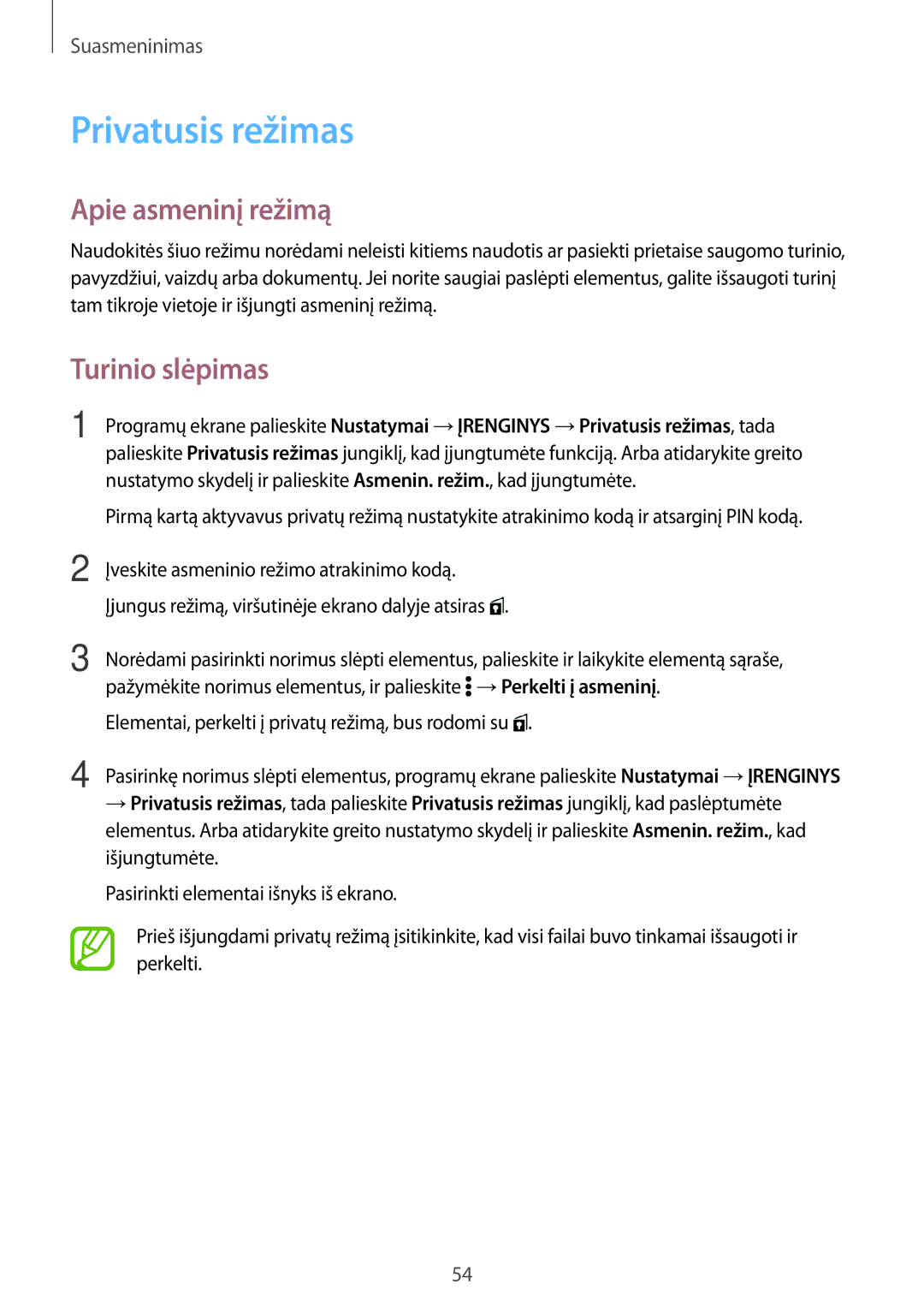 Samsung SM-T800NTSASEB, SM-T800NZWASEB, SM-T800NHAASEB manual Privatusis režimas, Apie asmeninį režimą, Turinio slėpimas 