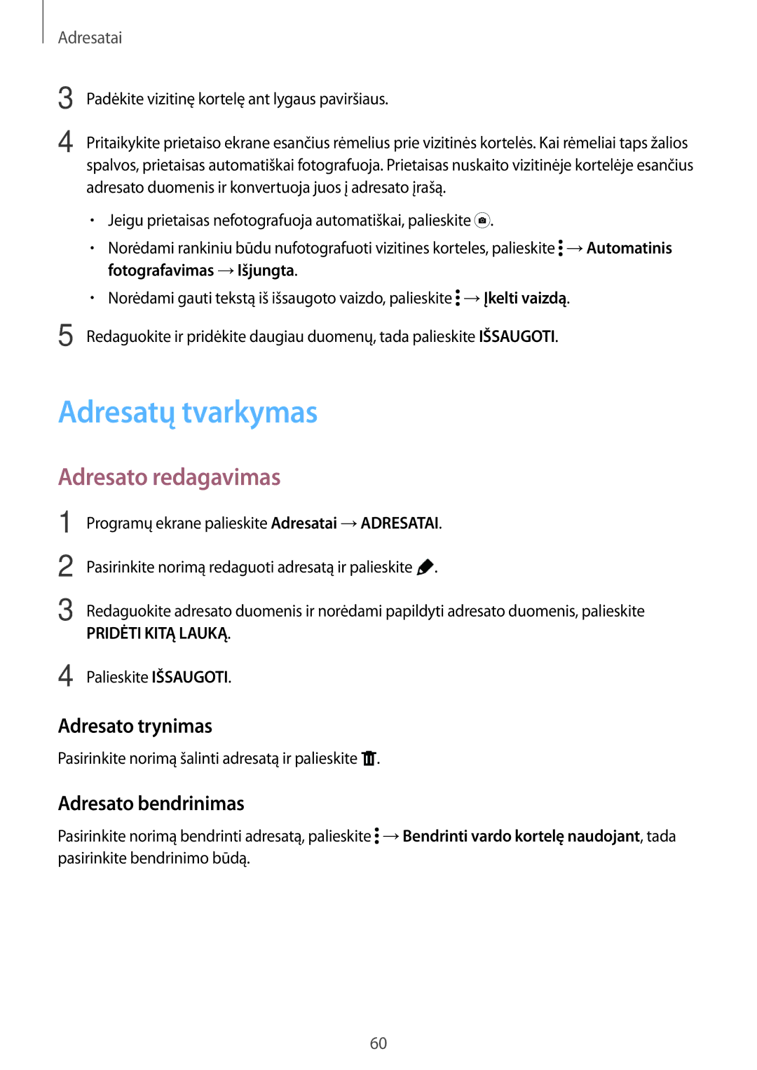 Samsung SM-T800NTSASEB, SM-T800NZWASEB Adresatų tvarkymas, Adresato redagavimas, Adresato trynimas, Adresato bendrinimas 