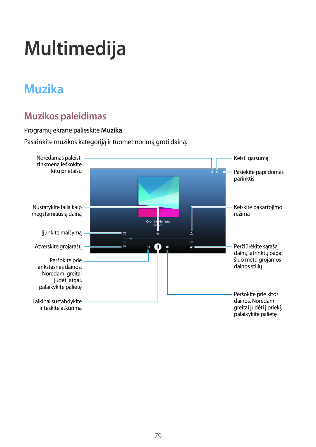 Samsung SM-T800NZWASEB, SM-T800NTSASEB manual Multimedija, Muzikos paleidimas, Programų ekrane palieskite Muzika 