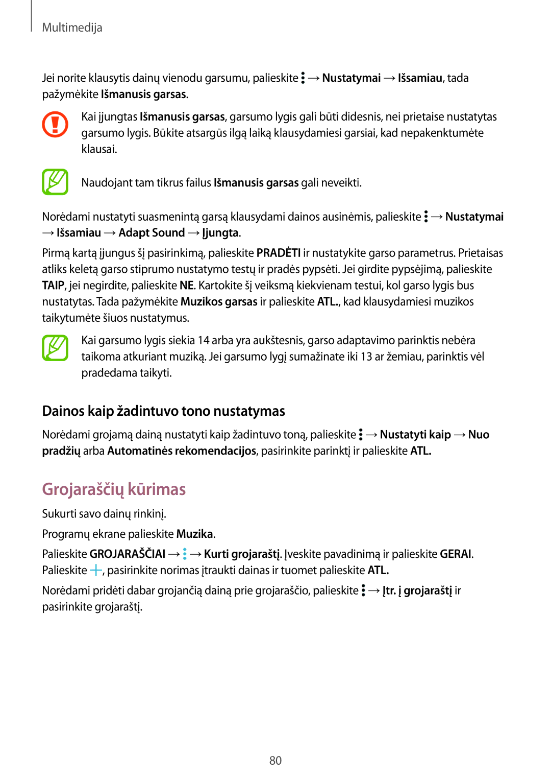 Samsung SM-T800NHAASEB manual Grojaraščių kūrimas, Dainos kaip žadintuvo tono nustatymas, → Išsamiau →Adapt Sound →Įjungta 