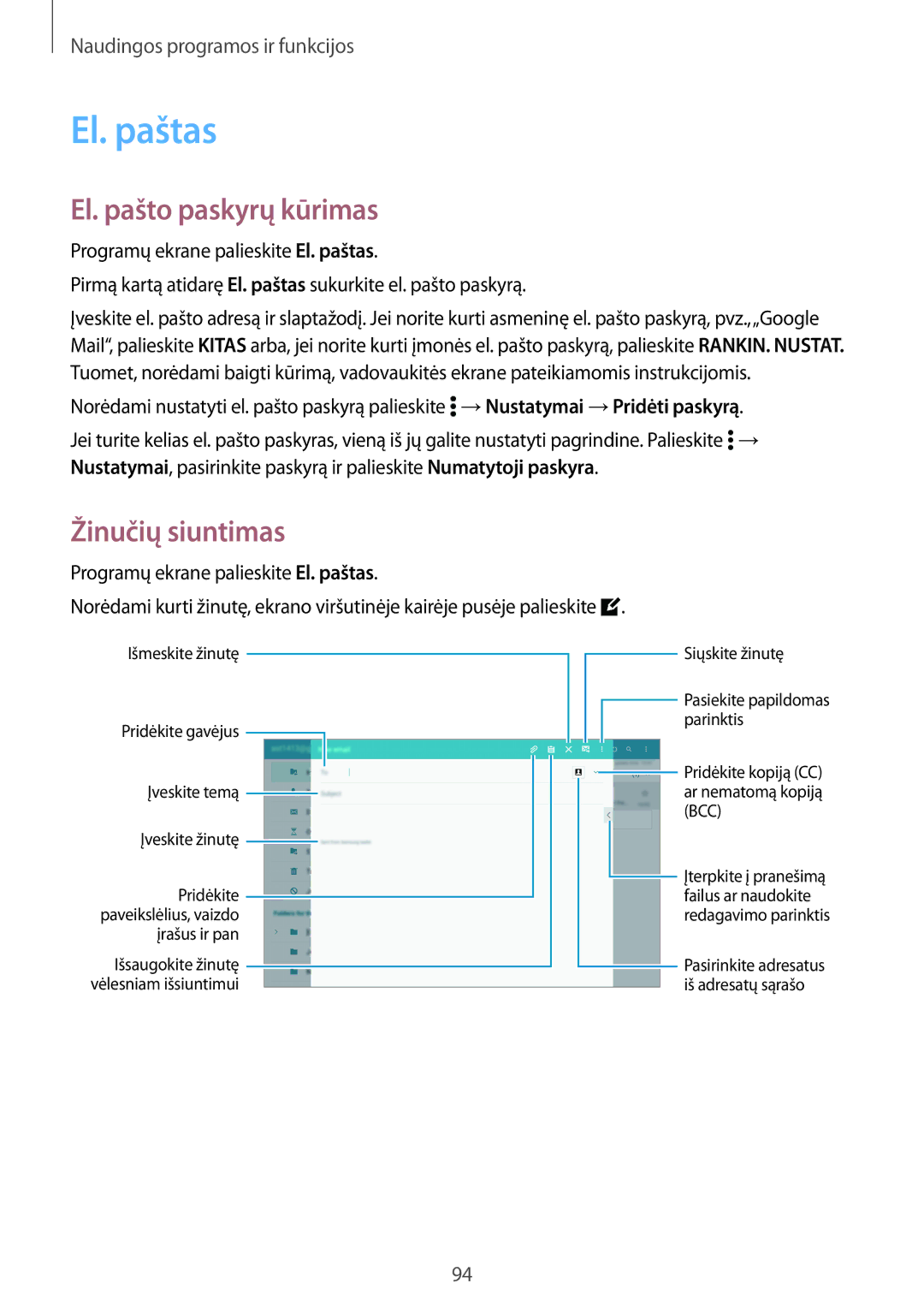 Samsung SM-T800NZWASEB, SM-T800NTSASEB, SM-T800NHAASEB manual El. paštas, El. pašto paskyrų kūrimas, Žinučių siuntimas 