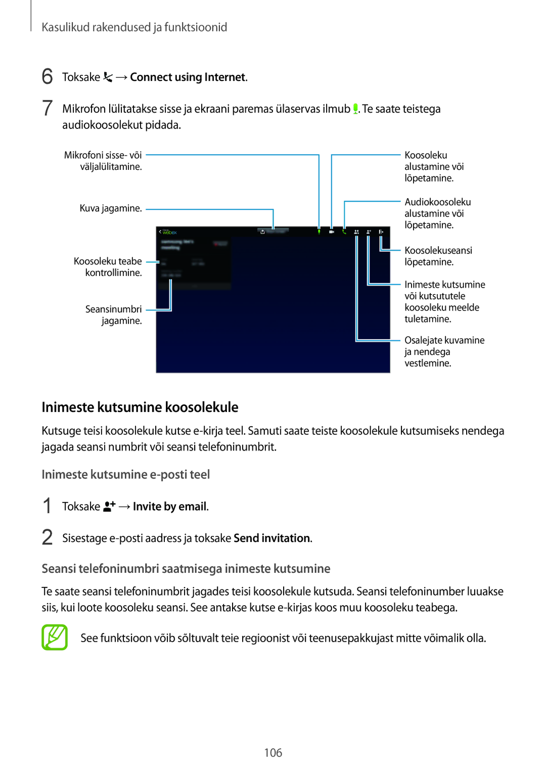 Samsung SM-T800NZWASEB manual Inimeste kutsumine koosolekule, Toksake →Connect using Internet, Toksake →Invite by email 