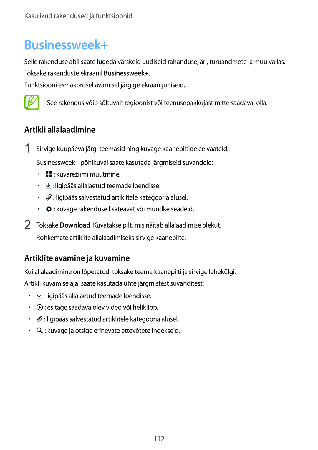 Samsung SM-T800NZWASEB, SM-T800NTSASEB, SM-T800NHAASEB Businessweek+, Artikli allalaadimine, Artiklite avamine ja kuvamine 