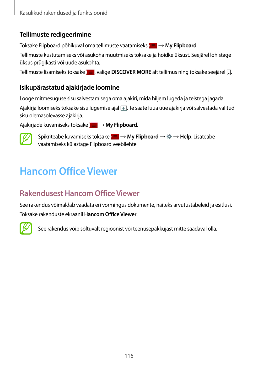 Samsung SM-T800NHAASEB Rakendusest Hancom Office Viewer, Tellimuste redigeerimine, Isikupärastatud ajakirjade loomine 