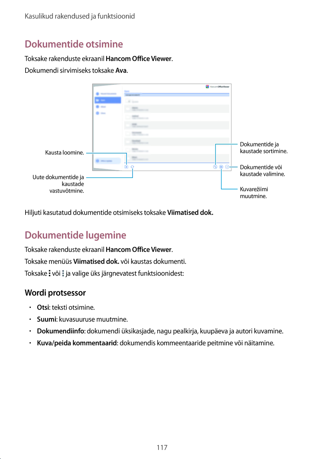 Samsung SM-T800NTSASEB, SM-T800NZWASEB, SM-T800NHAASEB manual Dokumentide otsimine, Dokumentide lugemine, Wordi protsessor 