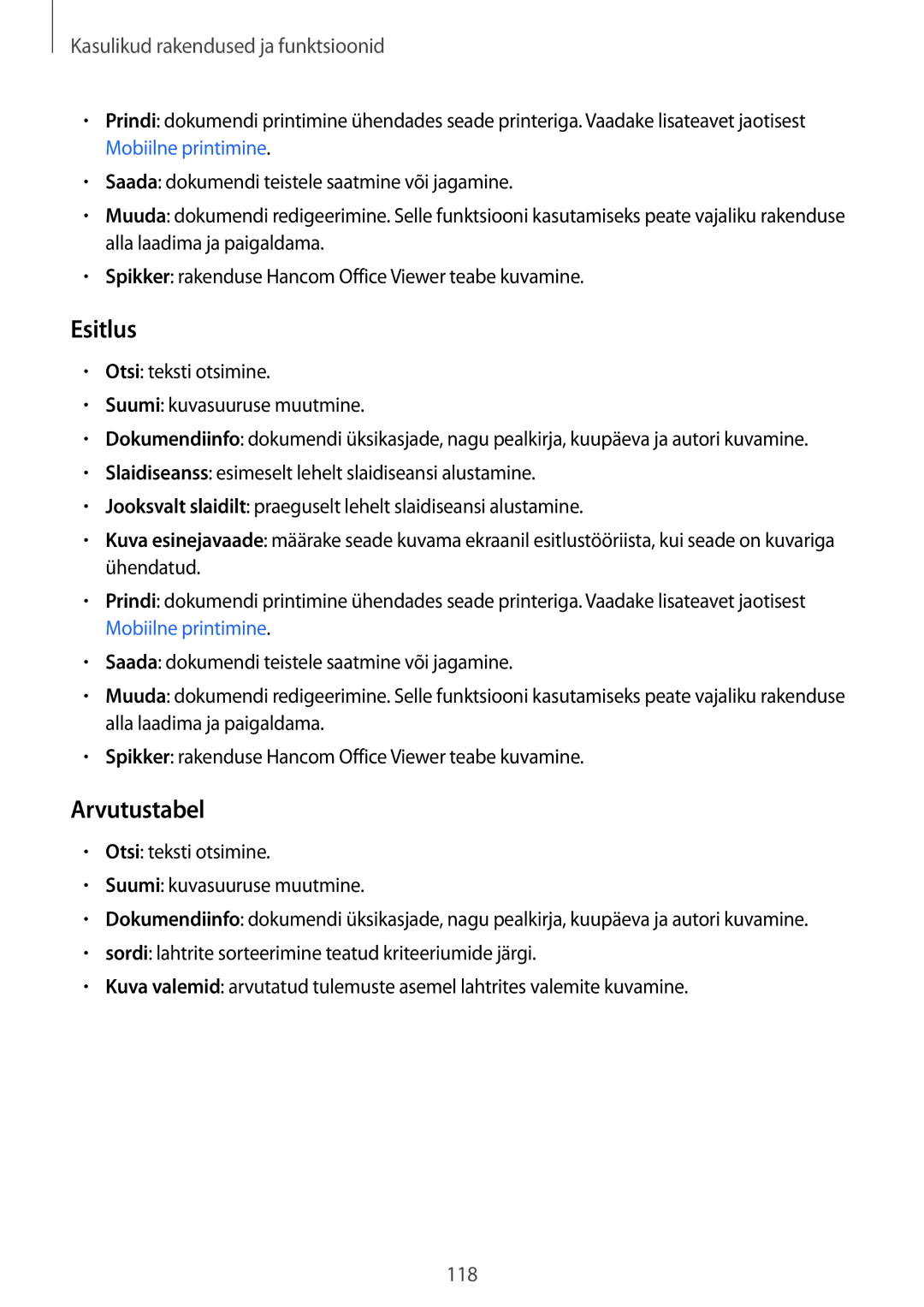 Samsung SM-T800NZWASEB, SM-T800NTSASEB, SM-T800NHAASEB manual Esitlus, Arvutustabel 