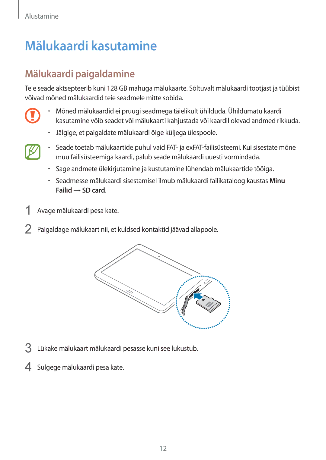 Samsung SM-T800NTSASEB, SM-T800NZWASEB, SM-T800NHAASEB manual Mälukaardi kasutamine, Mälukaardi paigaldamine 