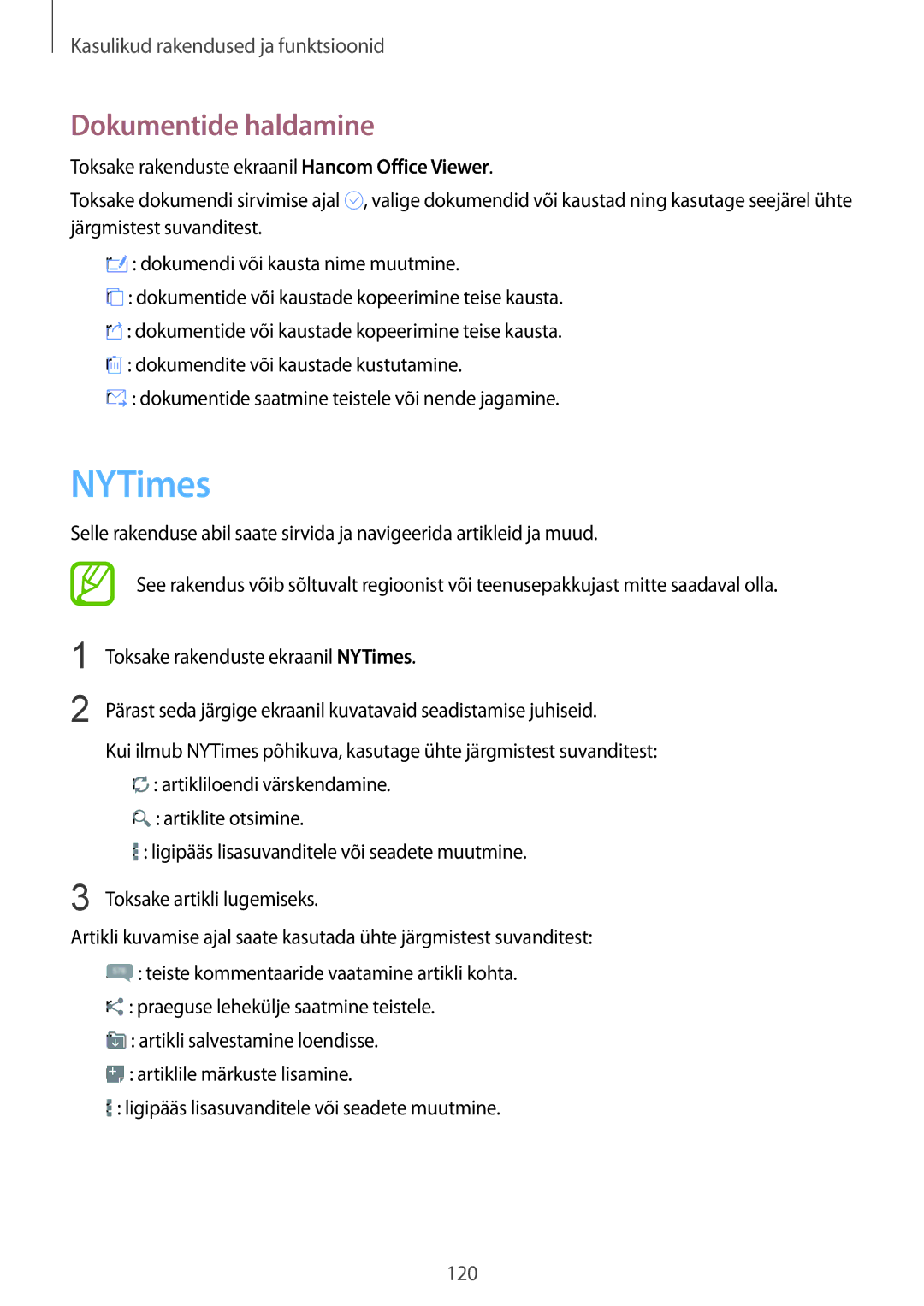 Samsung SM-T800NTSASEB, SM-T800NZWASEB, SM-T800NHAASEB manual NYTimes, Dokumentide haldamine 