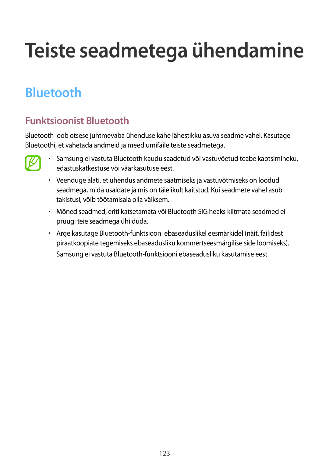 Samsung SM-T800NTSASEB, SM-T800NZWASEB, SM-T800NHAASEB manual Funktsioonist Bluetooth 